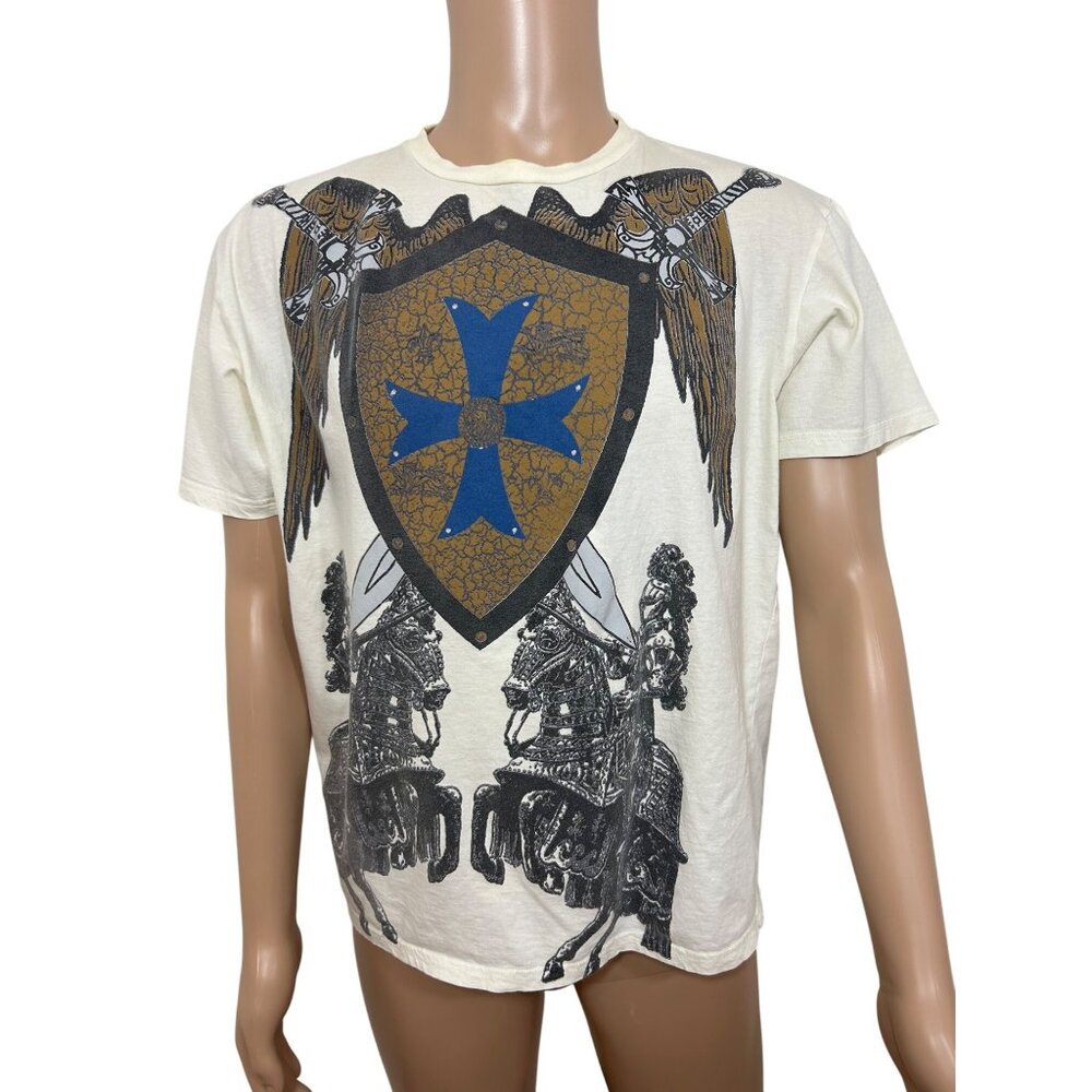 PJ Mark Men’s T-Shirt Vtg Graphic Beige Black Short Sleeve Shield Cross Wings